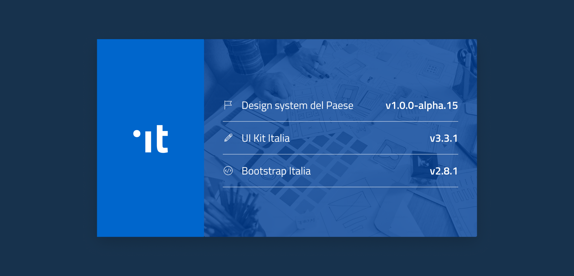 Design system del Paese v1.0.0-alpha.15; UI Kit Italia v3.3.1; Bootstrap Italia v2.8.1