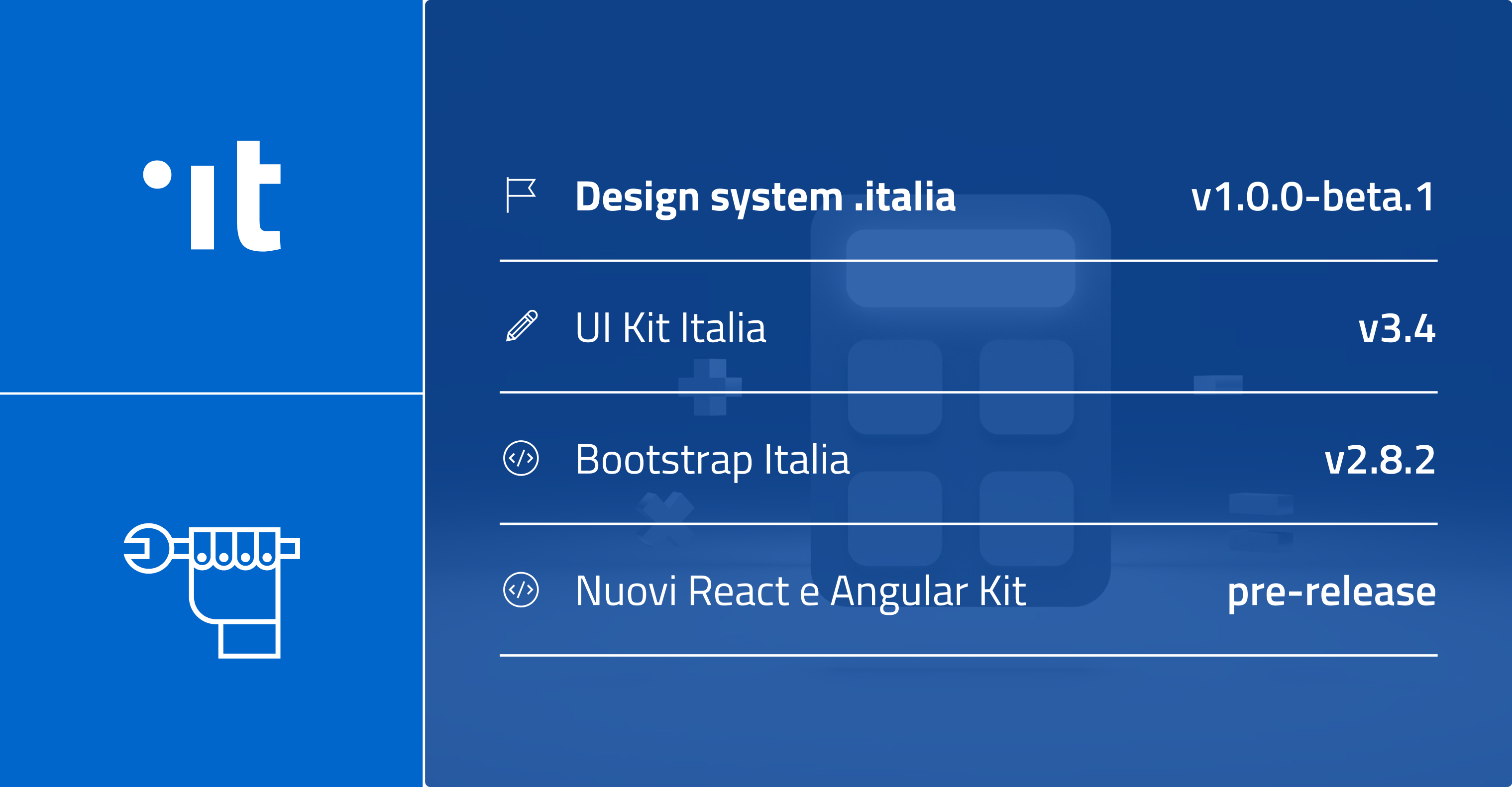 Ultimi rilasci: Design system .italia v1-beta.1; UI Kit Italia v3.4.0; Bootstrap Italia 2.8.2; React e Angular Kit pre-releases