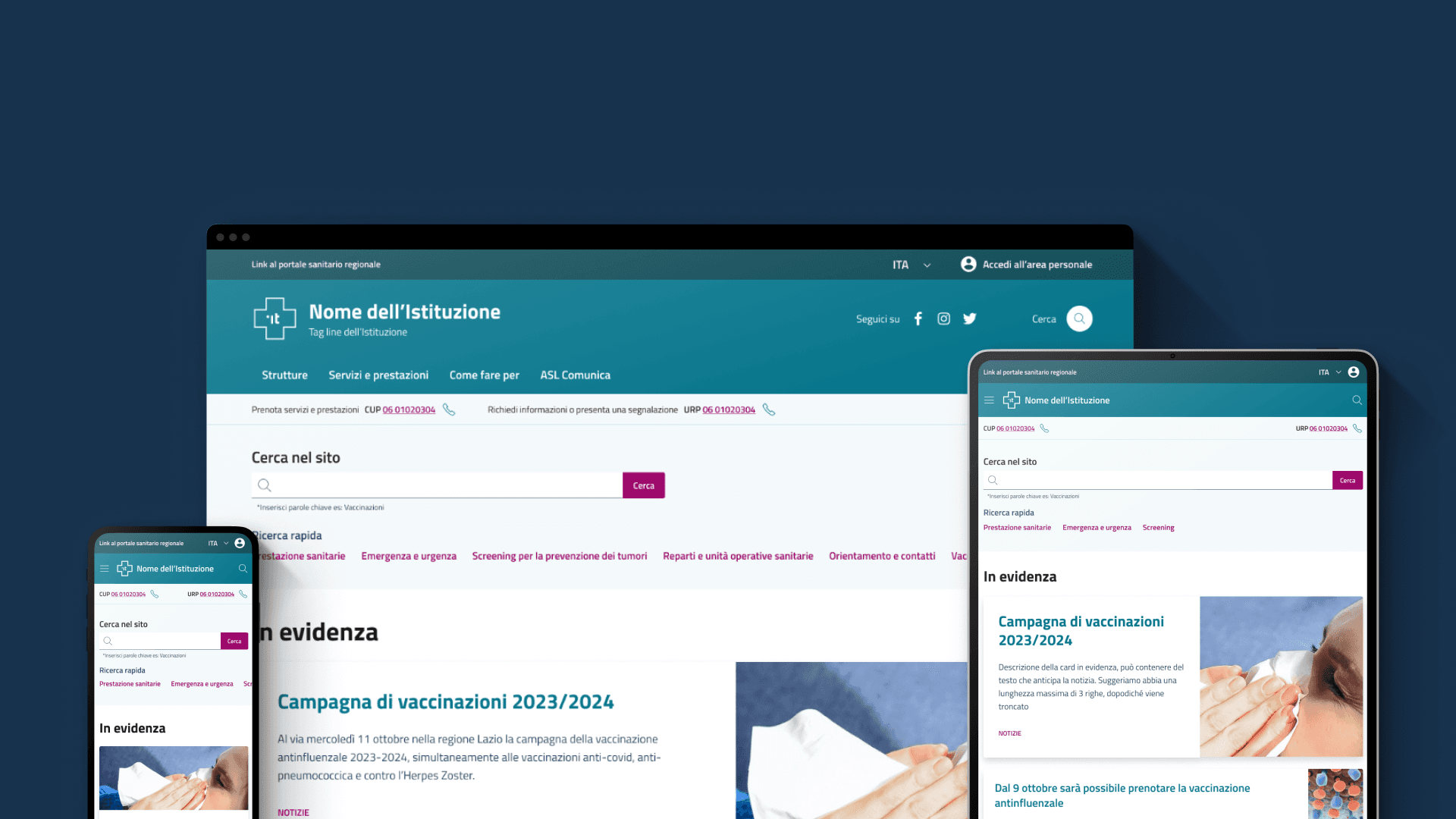 La home page del prototipo di sito informativo delle aziende sanitarie locali rappresentata su un computer, uno smartphone e un tablet.